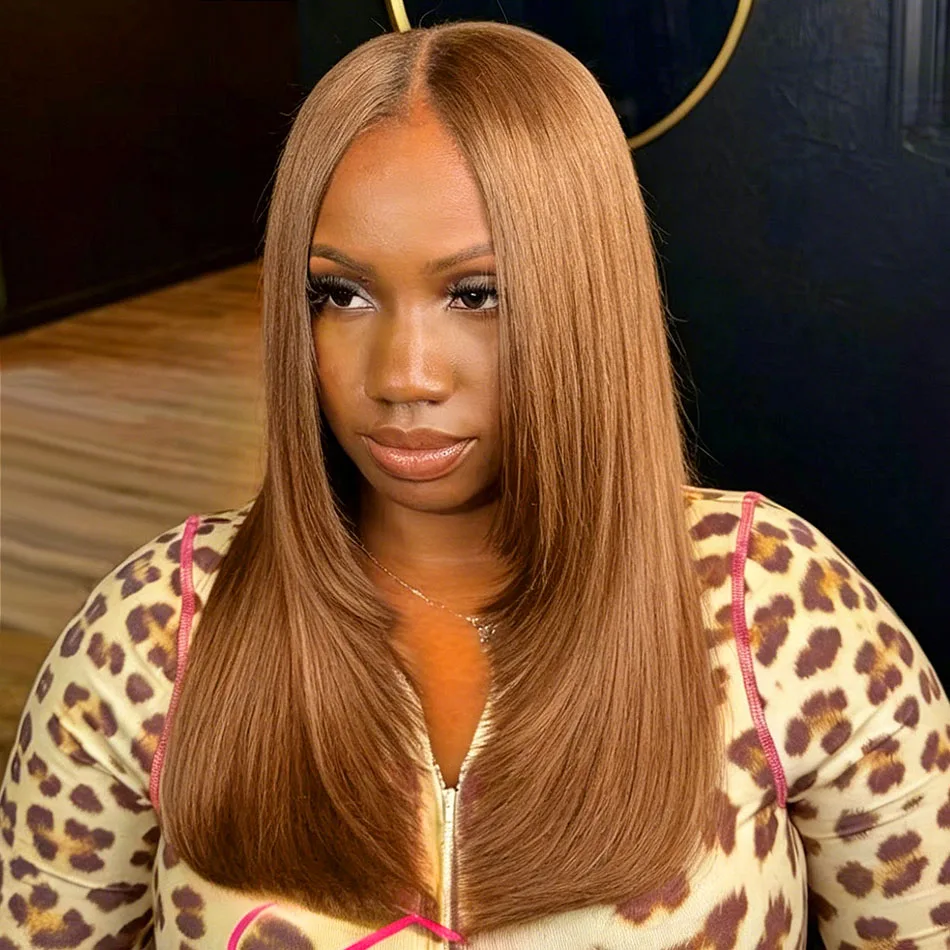 

#4 Brown13x4 Transparent Lace Frontal wigs 100% Human Hair Bone Straight Real 250 Density Pre Plucked Double Drawn wig For women