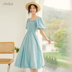 ARTKA 2023 Summer New Women Dress French Vintage Puff Short Sleeve Square Collar Dresses A-line Long Solid Color Dress LA92033X