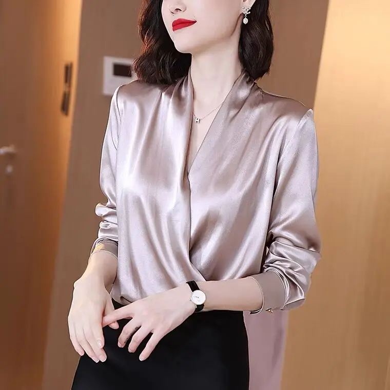 Office Dames Blouses Shirts Elegante Satijnen Vrouwen Blouse Sexy V-hals Casual Solid Lange Mouwen Lente Zomer Vrouwelijke Party Tops