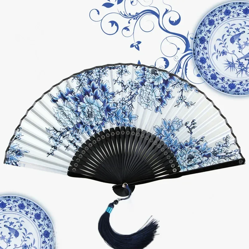 Summer Women Silk Dance Fan Classical Blue and White Porcelain Gift Hand Fan Abanicos Para Boda Chinese Hanfu Cosplay Fans