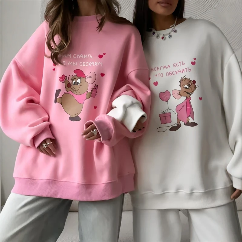 Felpa con cappuccio casual allentata Faionable Cartoon Felpa da donna rotonda Ne Long Sve Street Sle Top comodo stampato