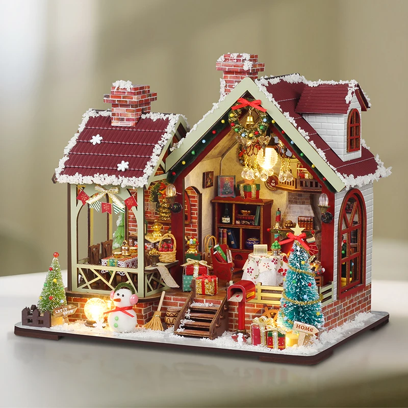 DIY 暖かいクリスマスロッジハウス木製ミニチュアモデルキット 3D パズル雪だるまドールハウス家具ドールハウス友人ギフト