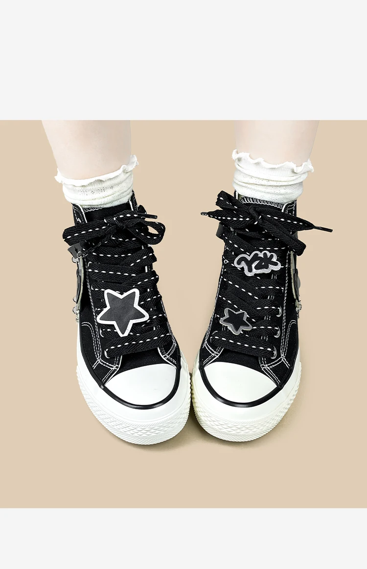 Amy und Michael Original Designer Schuhe Damen Gothic Schwarze High-Top Canvas Schuhe Mode Punk Riemen Charms Casual Sneakers – Detail 5