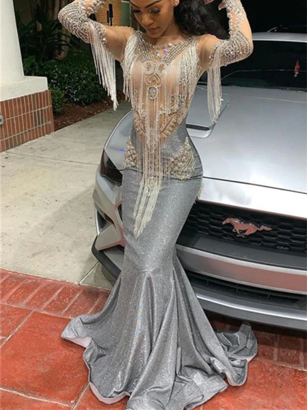 Sparkly O-neck Evening Dress Beading Tassel Mermaid Party Eleagnt Prom Dress Crystals Floor-length Dress Robe De Mariée