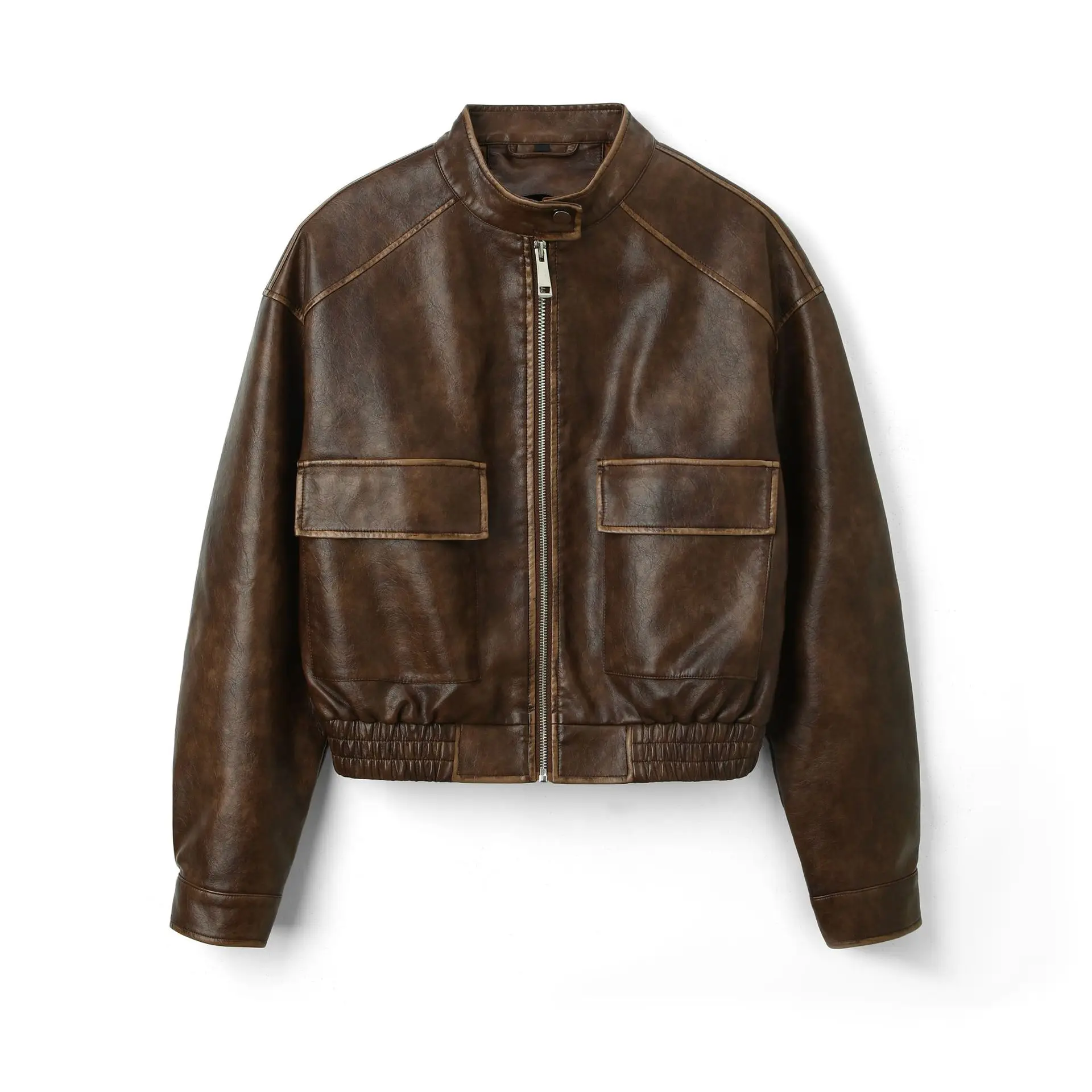 เสื้อแจ็คเก็ตหนังลำลองแฟชั่นพร้อมคอตั้ง,ฤดูใบไม้ร่วงและฤดูหนาว PU รถจักรยานยนต์ซิปเสื้อแจ็คเก็ตสั้น,เสื้อผ้าผู้หญิง