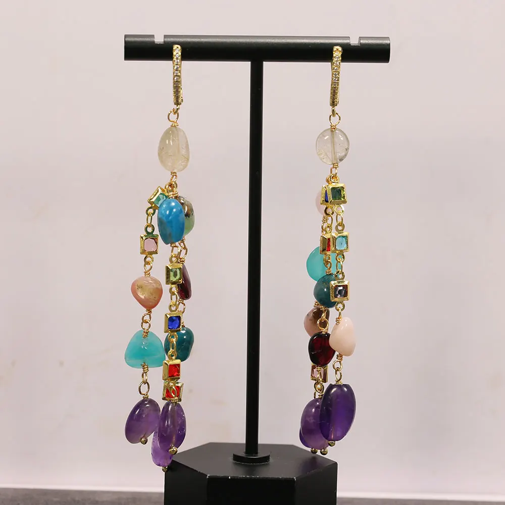 G-G Multi Color Gems Stone Amethyst Nugget Crystal Chain CZ Hook Earrings Holiday Wedding Jewelry Gifts