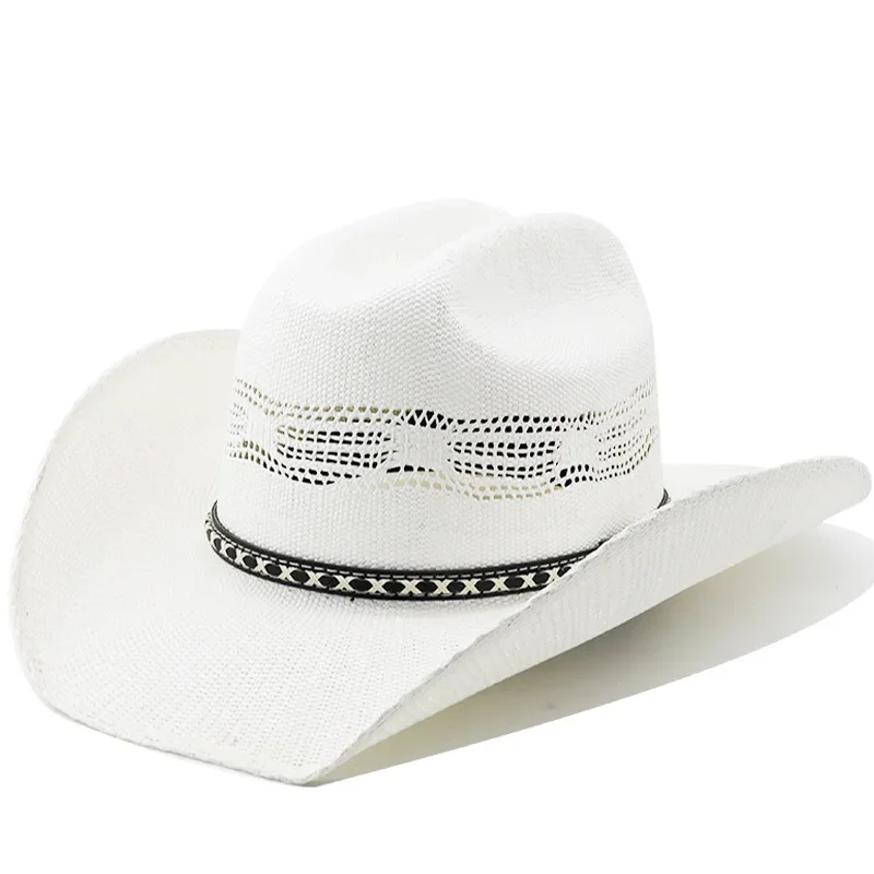 2025 Western Cowboy Hat with Braided Raffia Band, Handwoven Cavalier Style Trilby for Men Women Summer Vintage Leather Accent