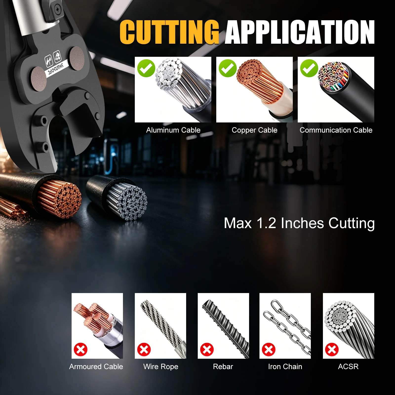 SWANSOFT 2-in-1 Hydraulic Electric Cable Crimping/Cutting Tool 5Ton Battery-Powered Wire Crimper Cutter with 6AWG-600MCM 11 Dies Cordless kit for Cu/Al Terminal lug - view 2