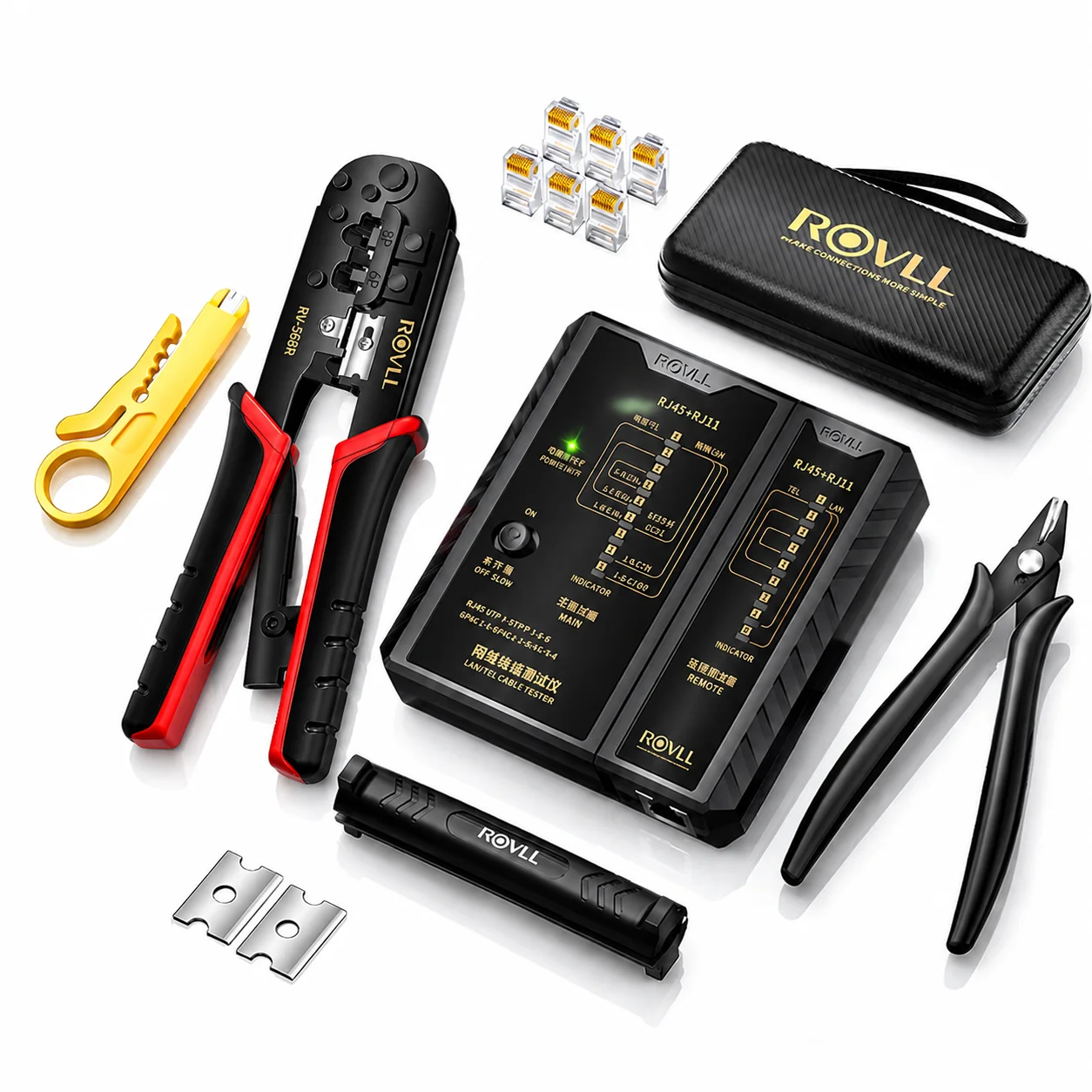 ROVLL RJ45 Crimping Tool Kit Ethernet Cable Crimper Cutter Stripper with Cable Tester Punch Down for RJ11 RJ12 RJ45 Connector