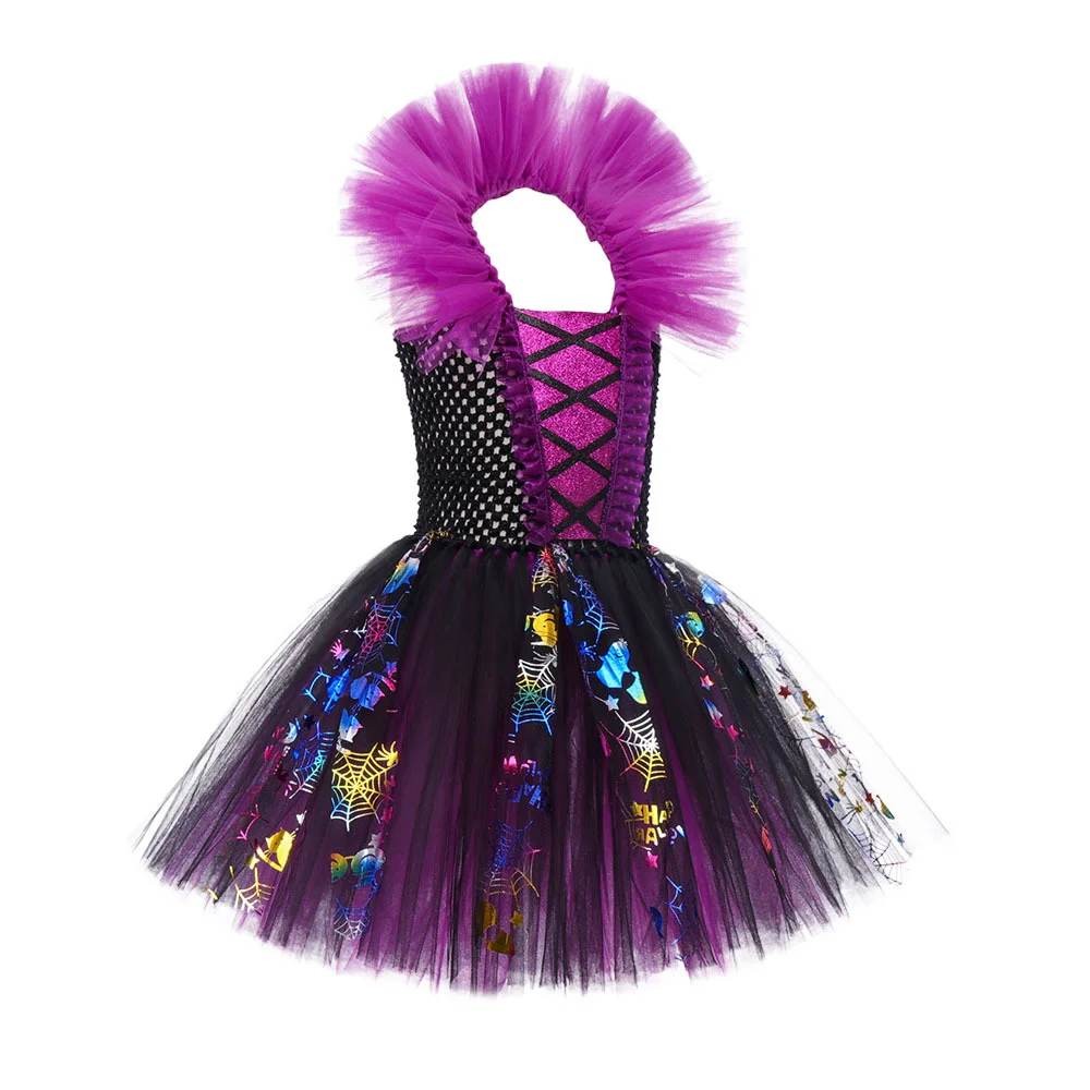 Halloween Carnival Witch Costume for Girls Color Sequin Lace Tutu Knee Dress With Hat Broom Baby Cosplay Party Outfit Led Set