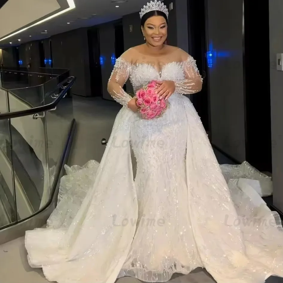 Lowime 2025 Customized Plus Size Pearls Wedding Dresses Robe De Marriage African Long Sleeves Bridal Gowns With Removable Skirt