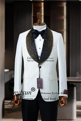 Formal White Men Suits With Beaded Crystal Wedding Groom Tuxedos 2 Pieces Sets Male Prom Party Blazer Slim Fit Costume Homme