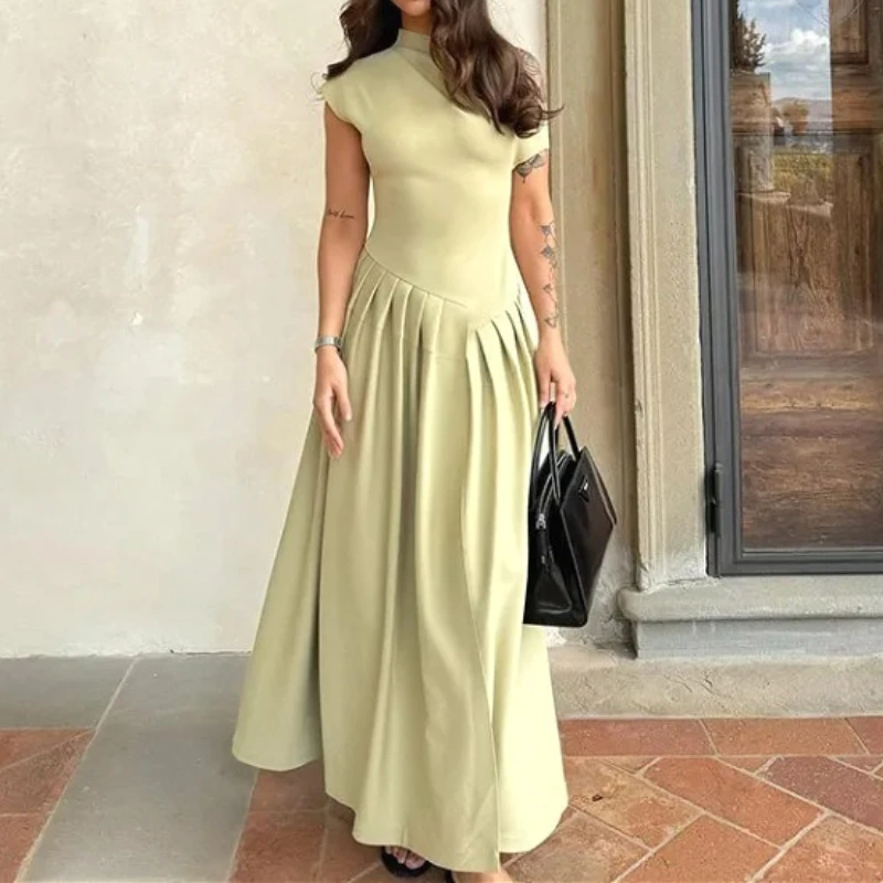 

Long Dress Women Dresses Oblique Shoulder A Line Vestidos Streetwear Y2k Short Sleeve High Waist Elegant Splice Party Night