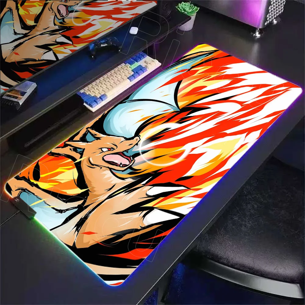 RGB Mouse Pad Office Laptop Japan Anime Pattern Mousepad PC Flame Dragon Charizard Desk Mat Large New PokemonS Cool Keyboard Rug