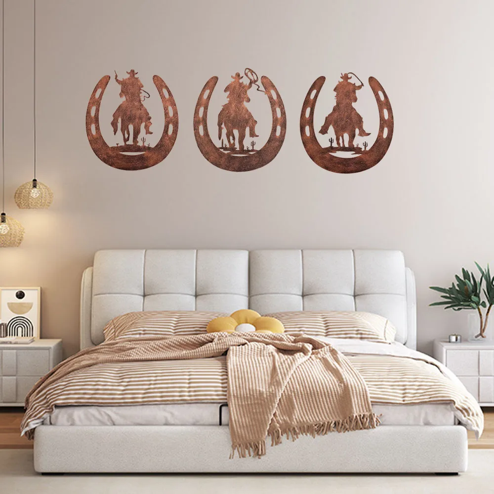 Tiki-Inspired 3pcs/set Horseshoe Metal Wall Decoration With Cowboy - Western Rustic Style Horseshoe Decor Hanging for Bedroom