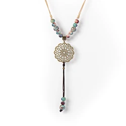 Vintage Ceramic Pendant Necklace for Women Handmade Long Adjustable Boho Ethnic Style Jewelry