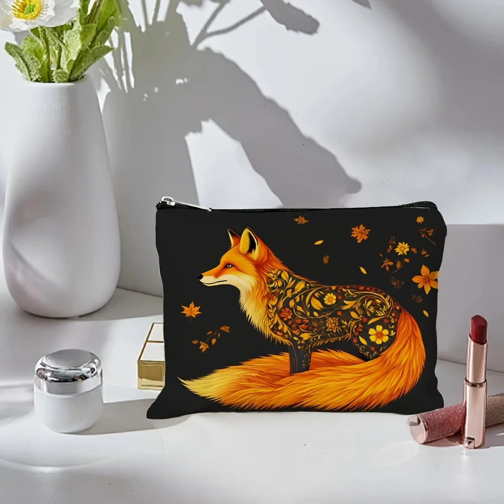 กระเป๋าแต่งหน้าลายสุนัขจิ้งจอกและลายดอกไม้-กระเป๋าซิปอเนกประสงค์, กระเป๋าเก็บเครื่องประดับ, กระเป๋าซิปขนาดเล็กสำหรับเดินทางที่สมบูรณ์แบบ
