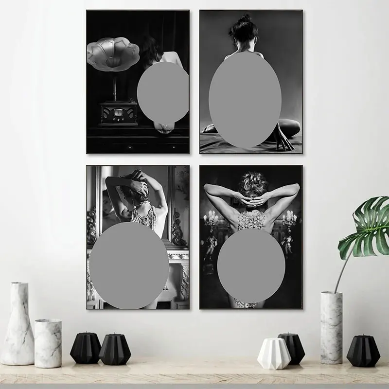 Nude Woman French Postcard Style Photography Black White Poster Mature Sensual Sexy Nude Kneeling Artistic Pose Canvas Painting