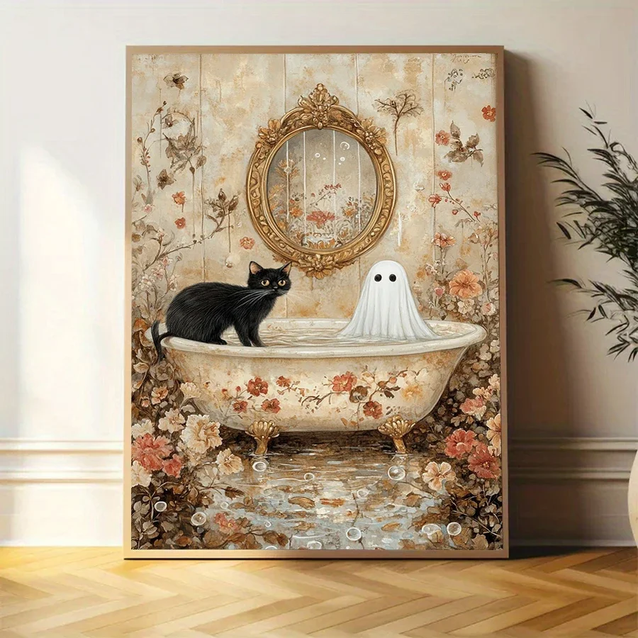 Frameless Canvas Painting No Framed, Creepy Halloween Bathroom Print,Ghost With A Black Cat In The Bathtub ,Funny Halloween Deco