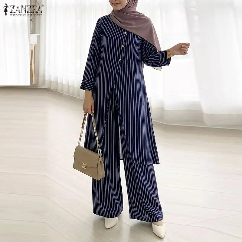 Women Muslim Modest Loose Matching Pant Sets Striped Long Shirt & Wide Leg Pant 2 Piece Suits ZANZEA Islamic Hijabis Outfits