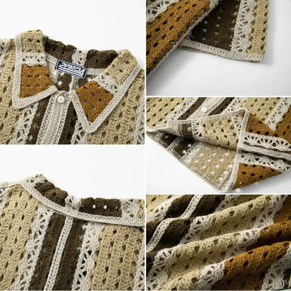 Summer Vintage Crochet Knit Polo Shirts Mens American Style Short Sleeve Button Cardigan Tops Quality Street Hollow Out Polo Top