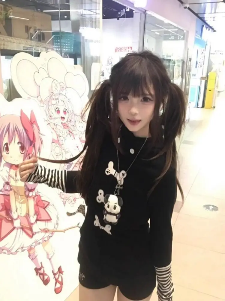 Y2k ボディコンアメリカンヴィンテージ長袖黒パーカーストライプ女性カジュアルパッチワークコート春秋甘い 2025 新着