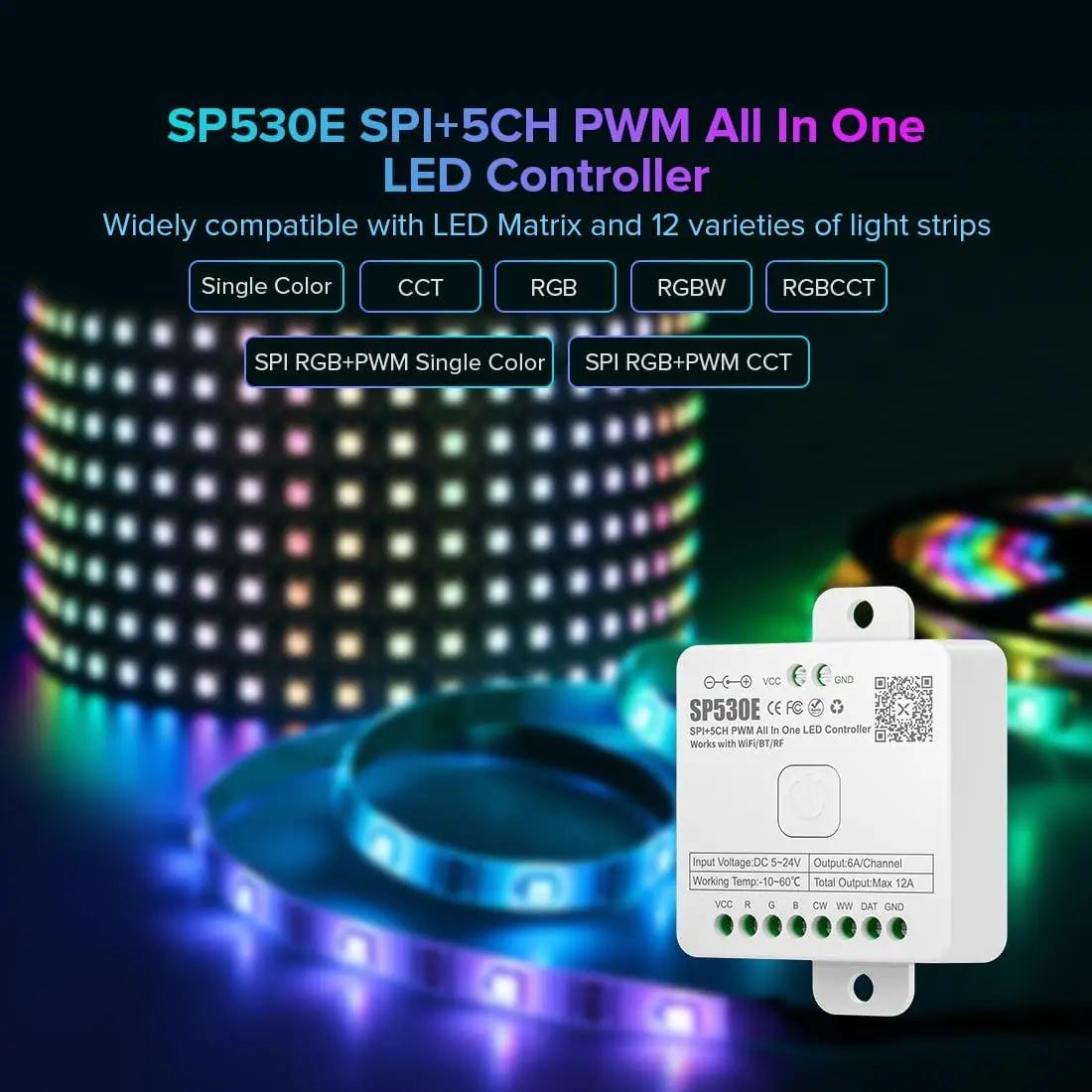 SP530E WiFi Alexa Controller LED Bluetooth Supporto PWM Monocromatico CCT RGB RGBW RGBCCT o SPI TTL IC Chip LED Strip/Matrix