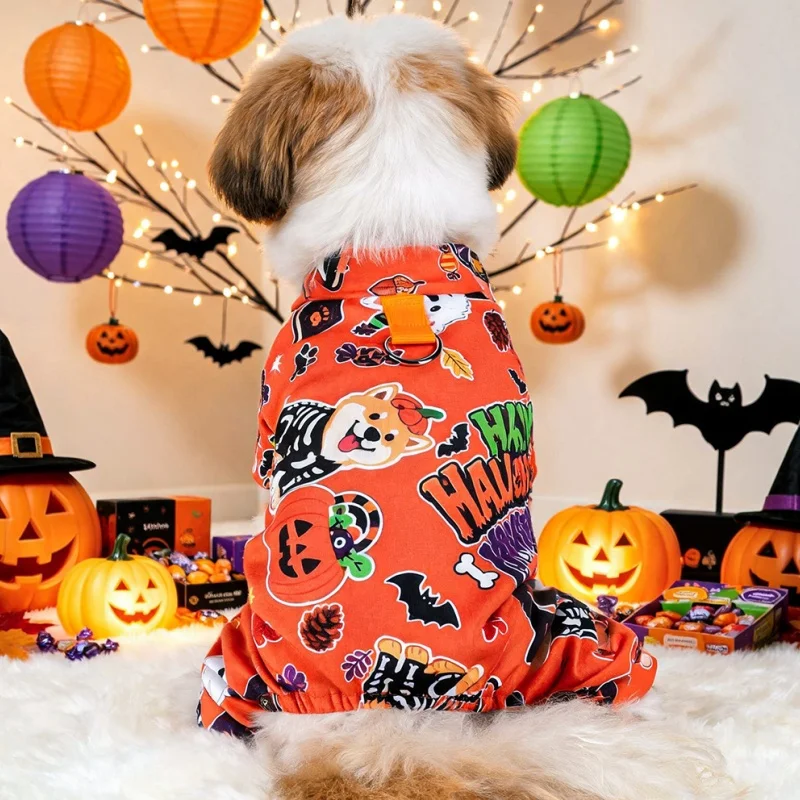 Halloween Print Dog Jumpsuit Soft Dog Clothes Cute Pet Pajamas Warm Puppy Romper Luxury Cat Overalls Holiday Party Poodle Outfit 3