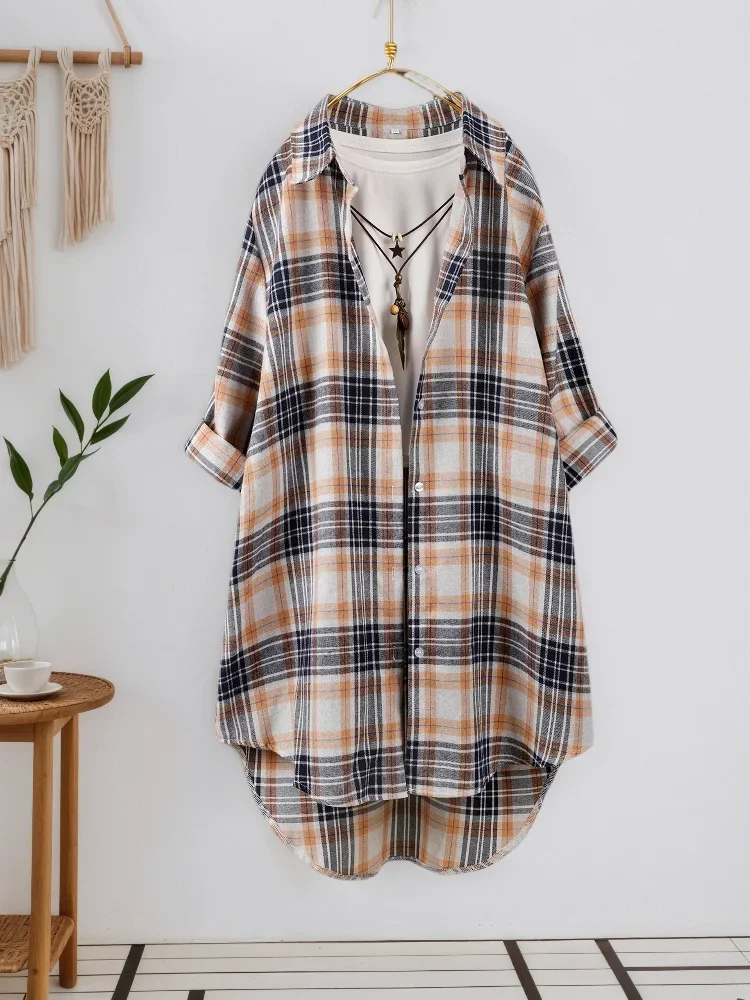 

Плюс размер 2025, новая клетчатая рубашка с длинными рукавами для женщин большого размера, повседневная тонкая модная темпераментная блузка, топы