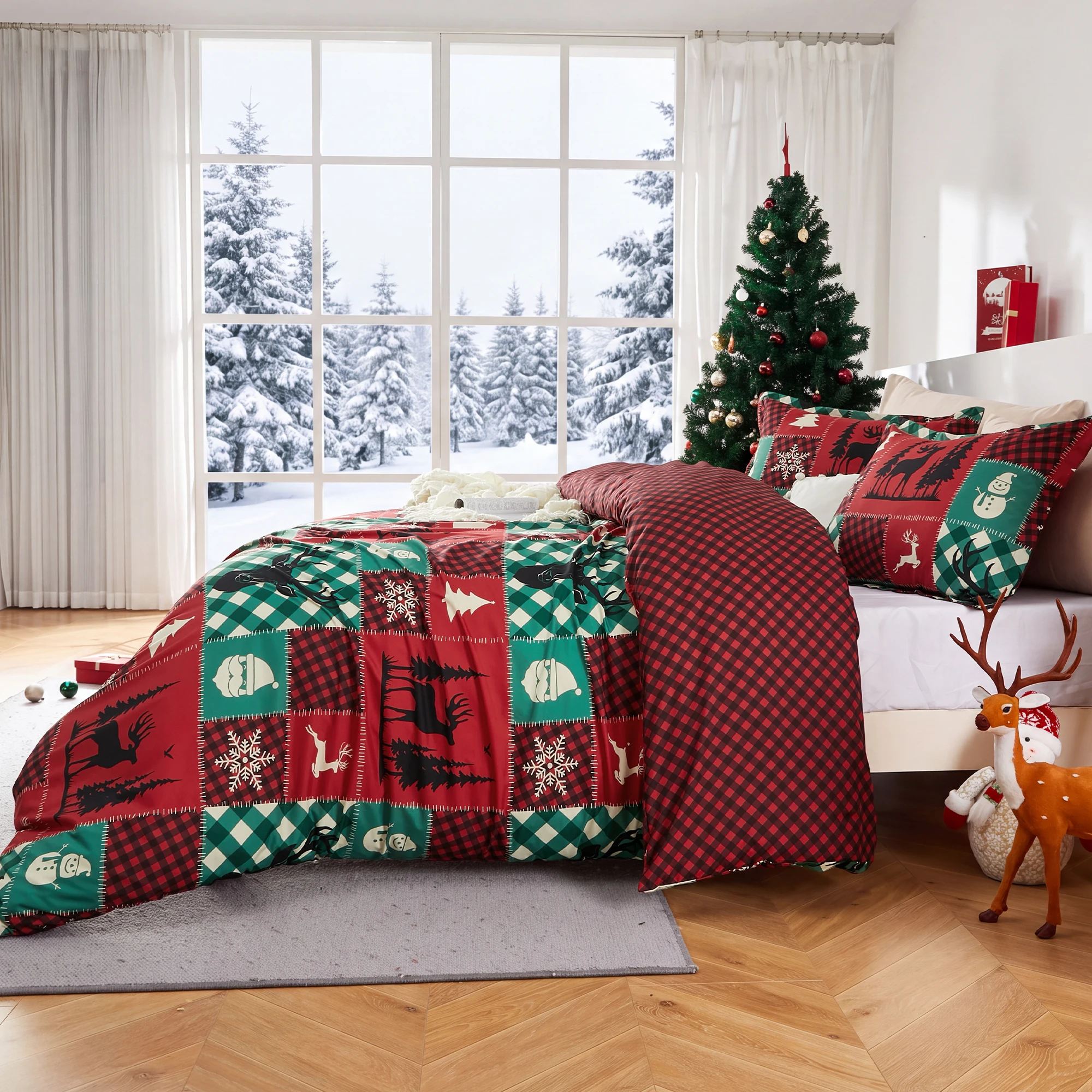 Christmas Quilt Set, 3-Piece Reversible Snowman Snowflake Bedding Set, Winter Snow Gray Plaid Bedspread Coverlet with 2 Pillow Shams, Soft Cozy Holiday Xmas Bedroom Decor for Home Machine Washable