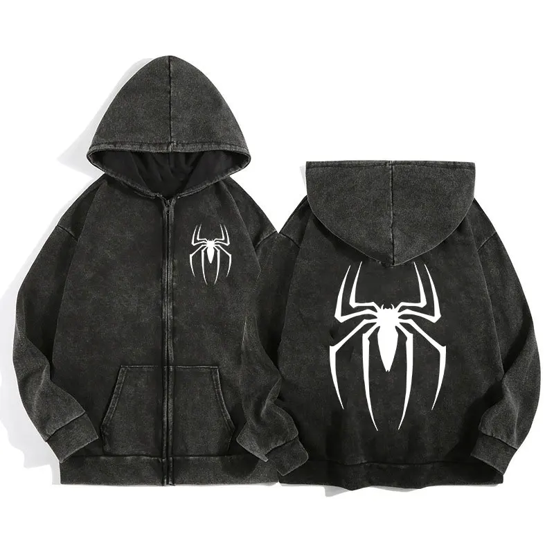 Y2K Acid Wash Zip Up Hoodie Harajuku Retro Gothic Graphic Spider