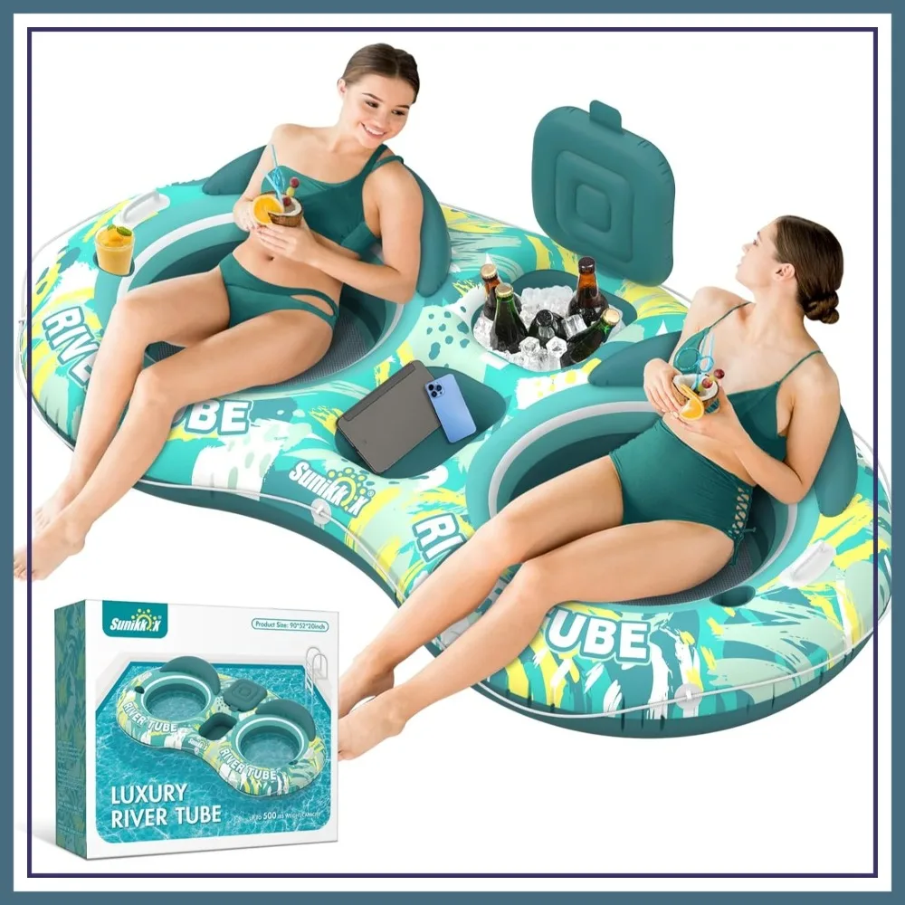 

5-in-1 Pool Floats for Adults, Heavy Duty River Tube with Backrests, Built-in Cooler & Cup Holders, Summer Relaxation
