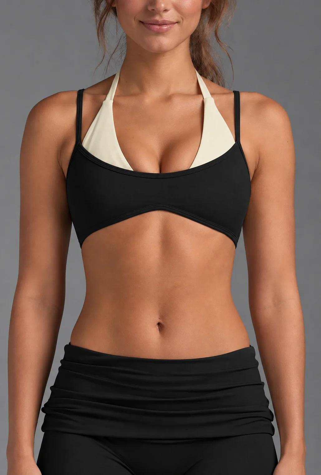 Farbblockierter Neckholder-Sport-BH für Damen mit integriertem Polster-BH, verstellbaren Trägern, Cami-Design, zweiteiliger Optik, für Fitness und Workout – Detail 5