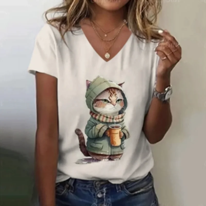 

Новинка, милая стильная женская футболка с V-образным вырезом, удобная повседневная Летняя женская одежда