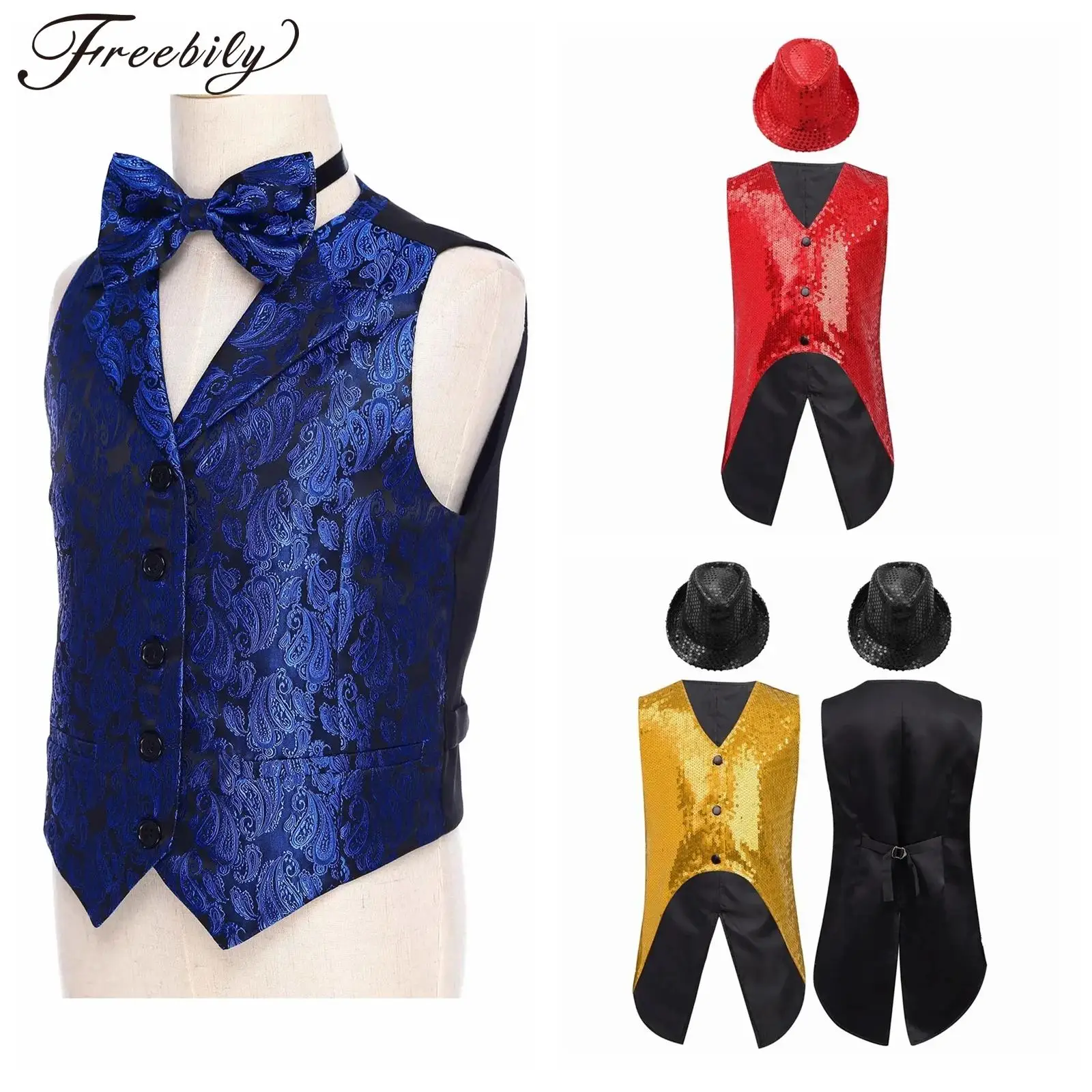 

Boy's Dance Vests Party Waiscoats Music Festival Outfits Stage Performance Children Jazz Dance Costume Kids Sequin Vests + Hat