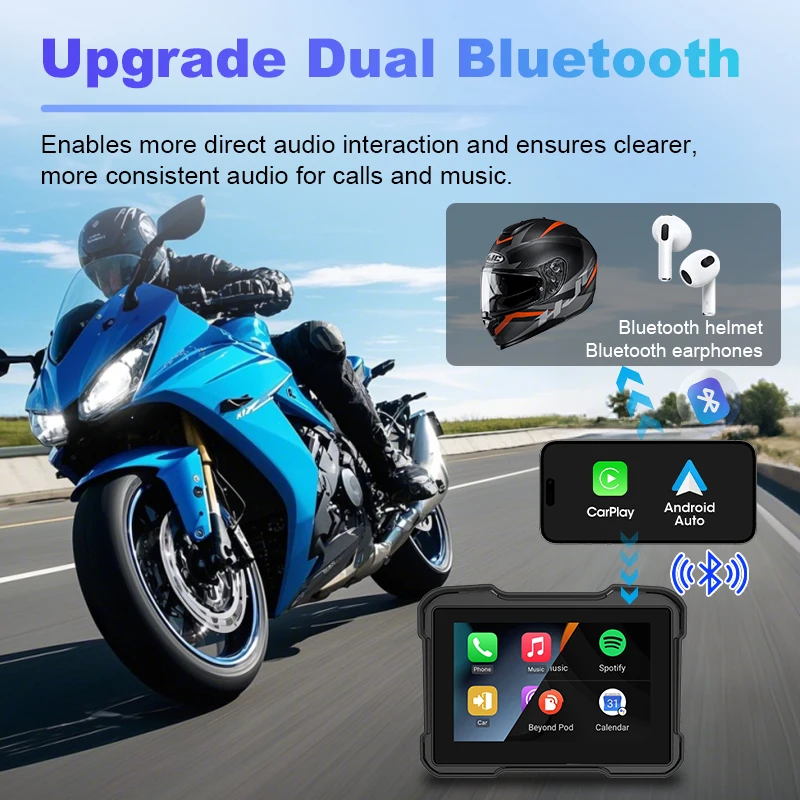 5 inch Motorcycle Navigation Wireless CarPlay Android Auto IPX7 Waterproof Display Dual Bluetooth Moto Monitor Support TPMS