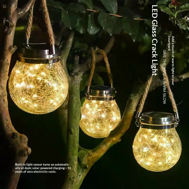 Solar Cracked Glass Hanging Light Warm LED Fairy Lamp Waterproof Auto On Off Decor Lantern For Garden Patio Yard Decoration