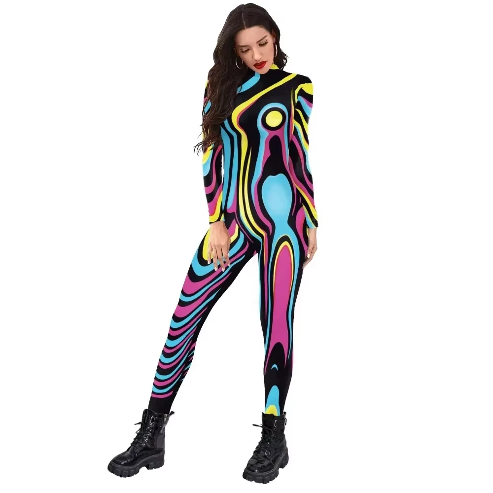 

Artistic Colorful Halloween Rainbow Bodysuit Clothing Adult Women Printed Purim Cosplay Costume Long Sleeve Sexy Bodysuit Set