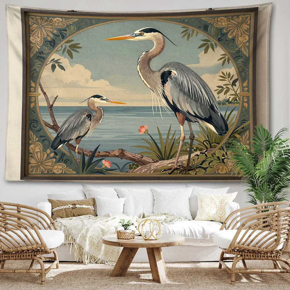 Blue Heron Waterfront Botanical Vintage Printed Tapestry Wall Hanging Bohemian Style Bedroom Home Decor