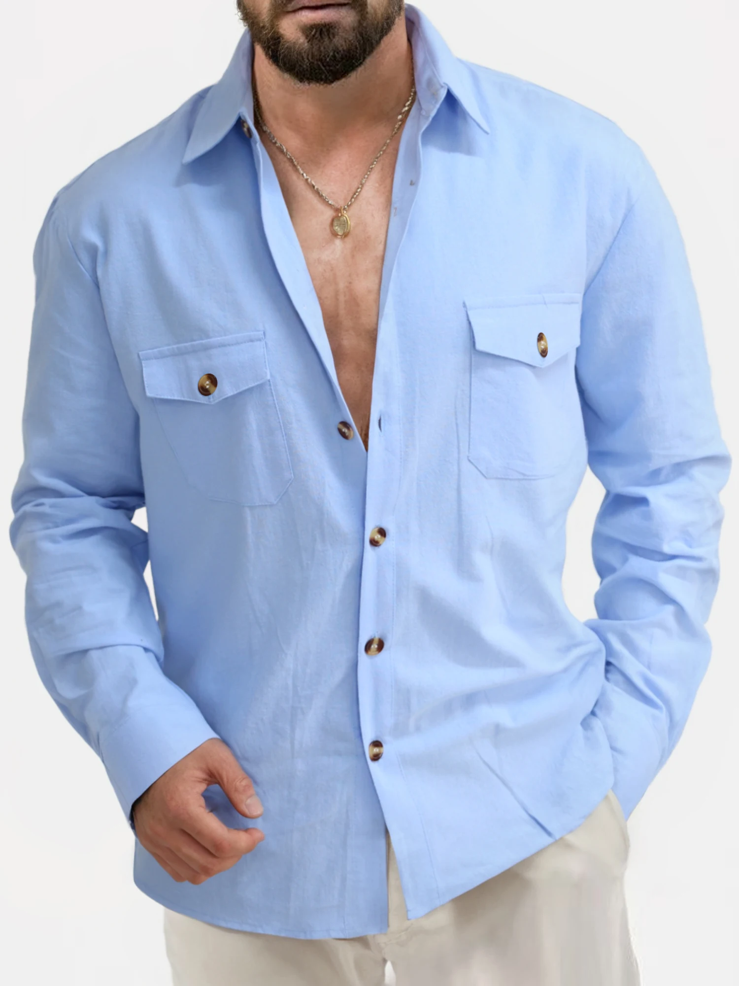 Men\'s Cotton Linen Shirts Turn Down Collar Solid Hawaiian Shirt Lightweight Breathable White Shirt Casual Large Size Streetwear