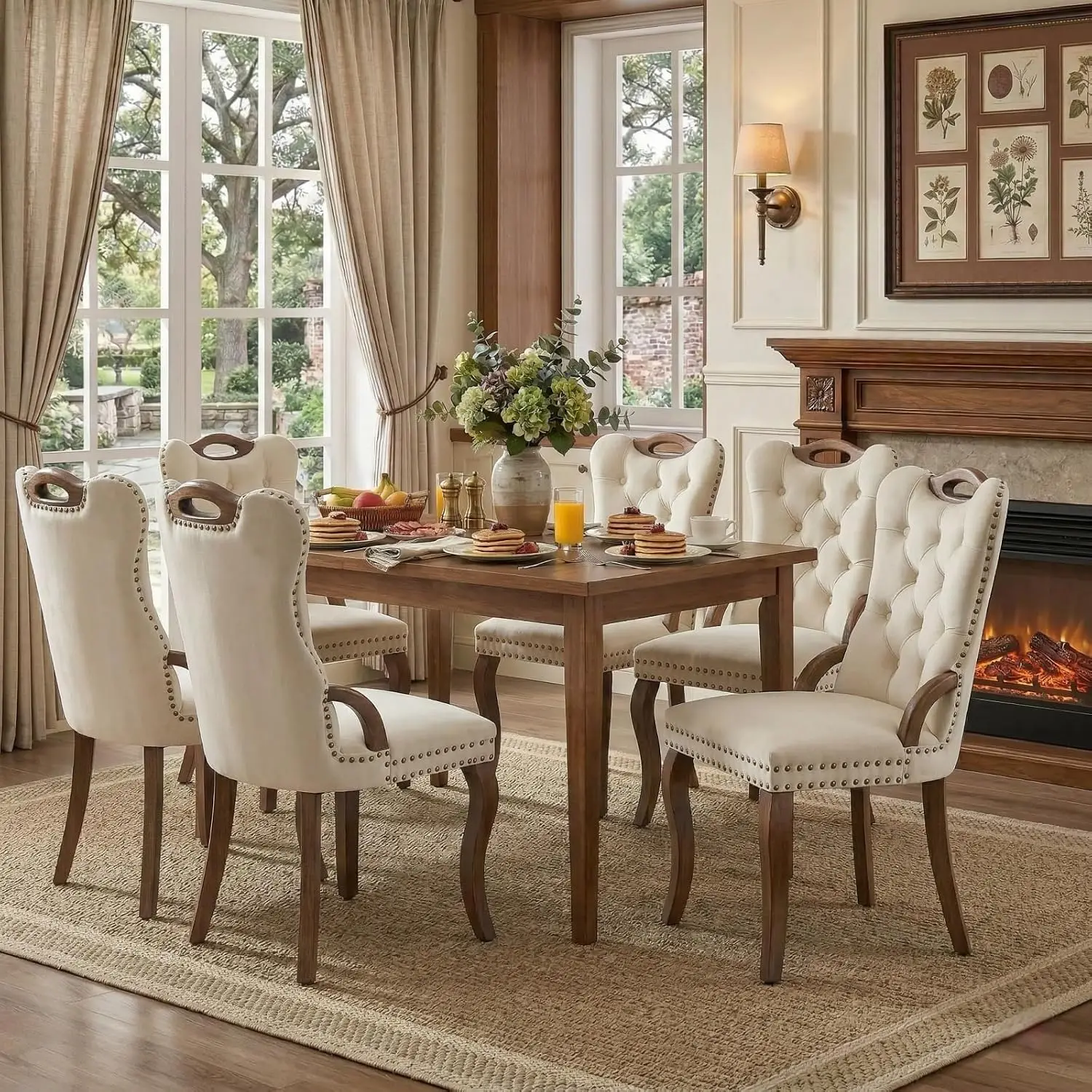 Dining Chairs Set of 6, Velvet Upholstered Kitchen Chairs with Vintage Copper Nails, Solid Wood Handles & Curved Legs,, Custom