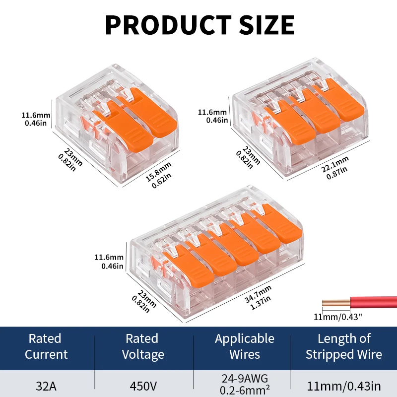 JINH 20pcs Orange Quick Universal Compact Splicing Terminal Push in Electrical Equipment Lever Type Wire Connector With 600V 41A