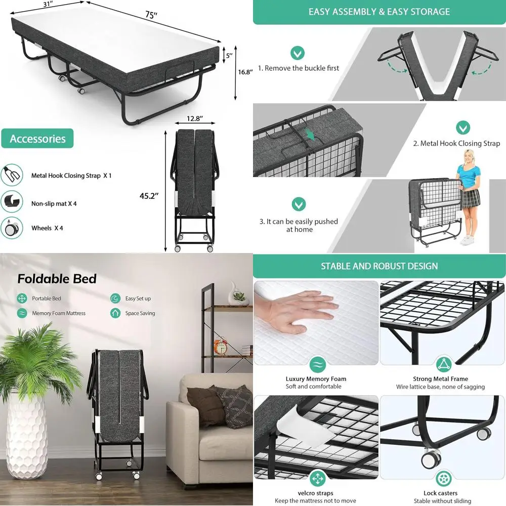 

Luxury 5 Memory Foam Rollaway Bed, 75x31 Inches, Portable for Adults