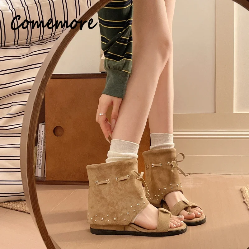 Comemore Retro Hot Girl Slope 4.5CM Heel Increased Height Cool Boots for Women Summer Short Booties Clip Toe Rivet Roman Sandals
