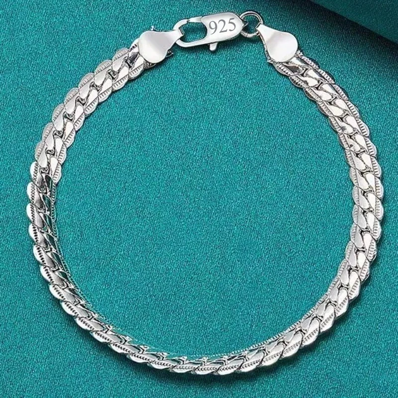 

925 Sterling Silver Bracelets For Woman Man Simple 6mm 18/20cm Flat Side Chain Lobster Clasp Bracelet Wedding Engagement Jewelry
