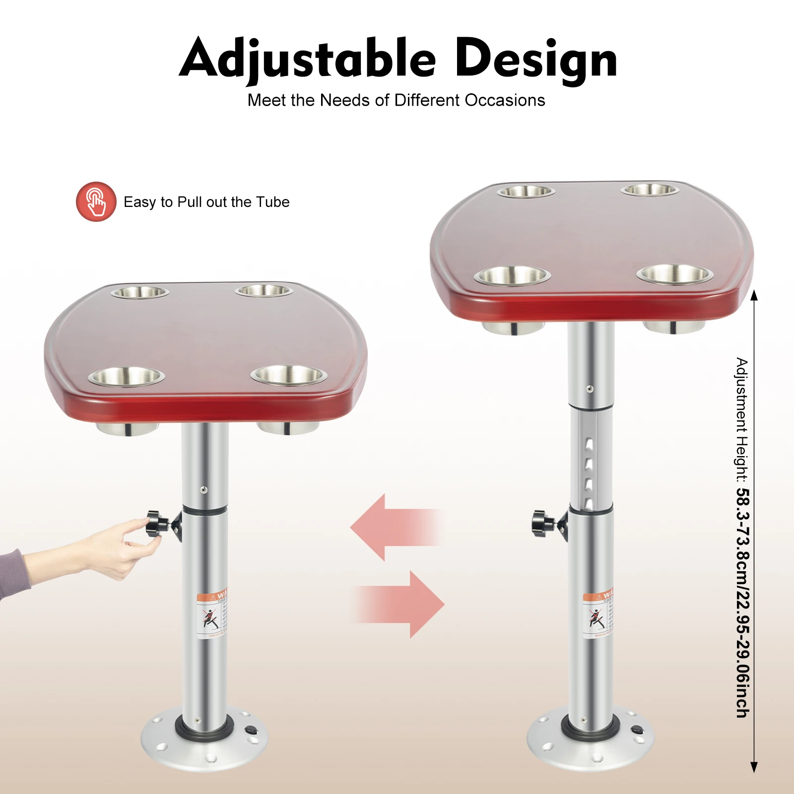 طاولة قارب قابلة للتعديل RV بارتفاع 22 بوصة - 28 بوصة، مكتب قائم بذاته من الخشب الصلب مع 4 حاملات أكواب وقضيب داعم