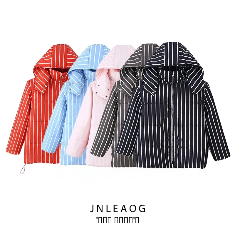JNLEAOG Abrigo Jaet de algodón a rayas Faionable para mujer con capucha, cuello levantado, Street Sle, largo, cierre de cremallera