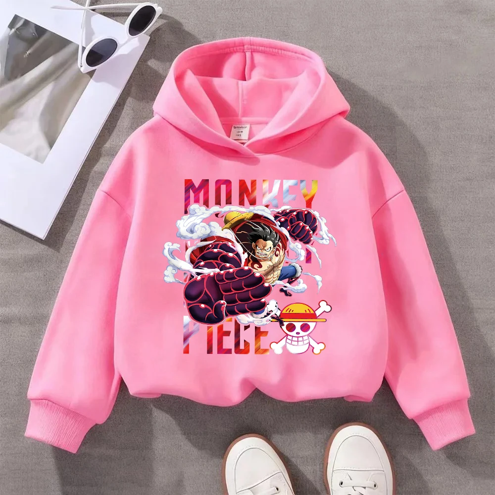 سترة بغطاء للرأس مطبوعة من قطعة واحدة للأطفال من Monkey D. Luffy، أنيمي - سويت شيرت كاجوال بطابع للأولاد والبنات، بلوفر قطني مريح