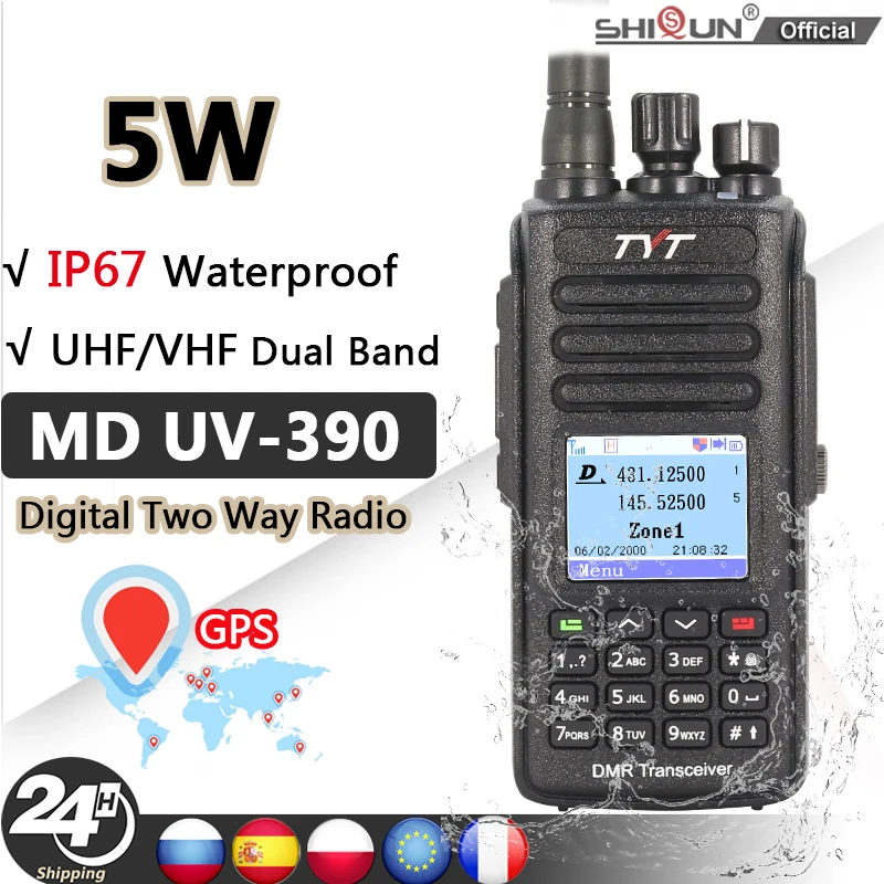 

TYT digital walkie talkie MD390 DMR, IP67 waterproof, dual band, GPS, UV-380, RADIO DE MD-390, USB charging cable.