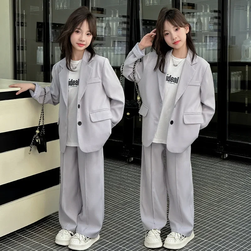 School Teen Kids Suit Fashion Grey Loose Blazer Wide Leg Pants Two Pieces Children Costume 10 12 14 Years Casual Kids Clothes